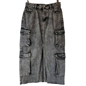 True Religion Women Cargo Midi Long Skirt Size 24 Grey Denim With Slit NWT $139